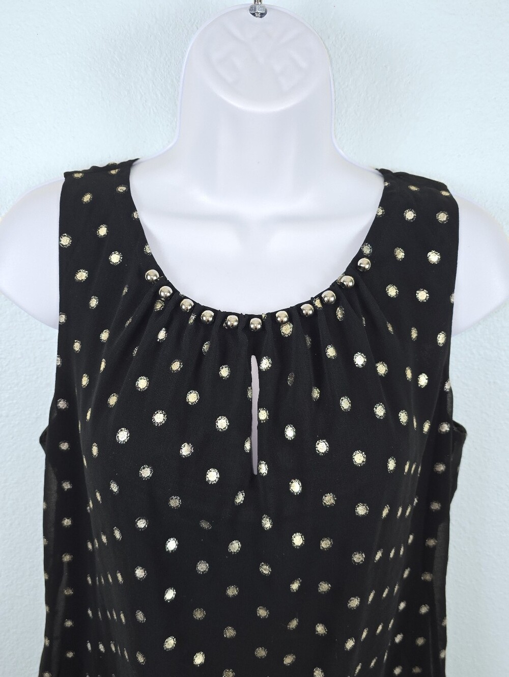 White House Black Market Black & Gold Metallic Polka Dot Embellished Blouse - S - Picture 7 of 16